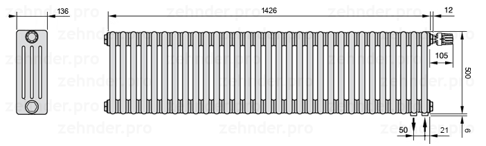Схема (чертеж) Радиатор Zehnder Charleston 4050/31 №V002 Белый глянцевый RAL 9016